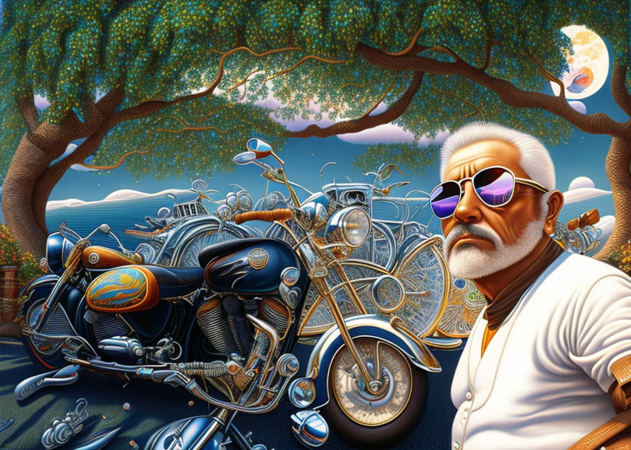 Detailed Illustration: Bearded Man with Sunglasses by Motorcycle in Surreal Landscape