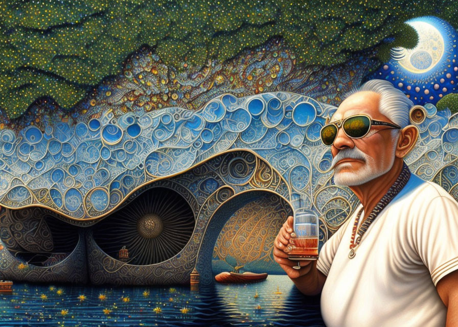 Elderly man with mustache and sunglasses in front of vibrant patternscape