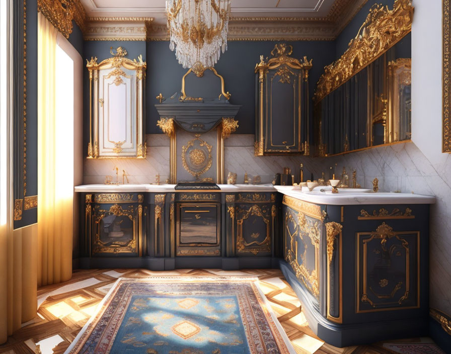 Luxurious Bathroom with Blue and Gold Vanity, Marble Walls, Ornate Mirrors, Crystal Chandelier