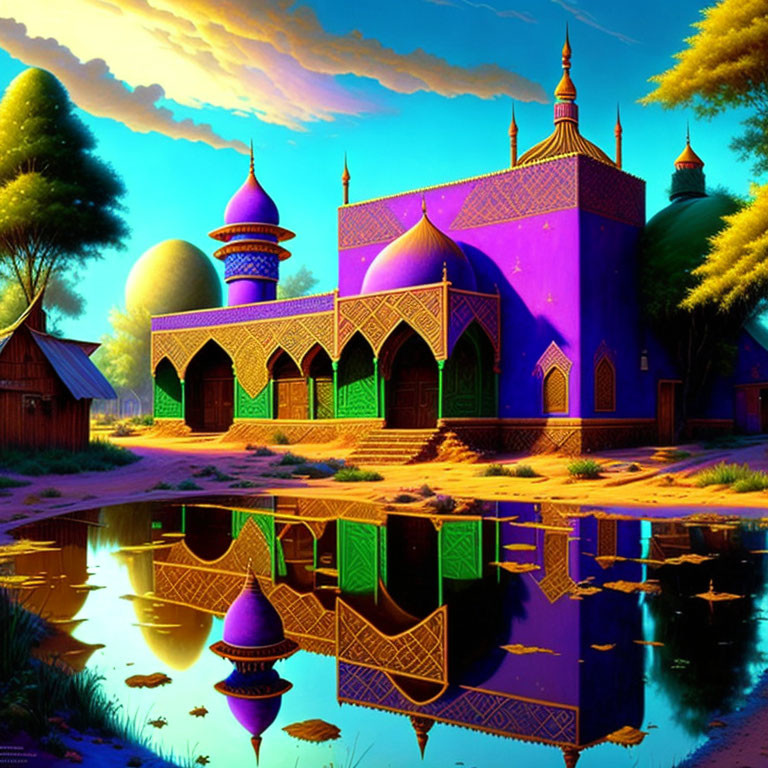 Colorful Mosque Illustration with Ornate Domes and Arches at Sunset/Sunrise