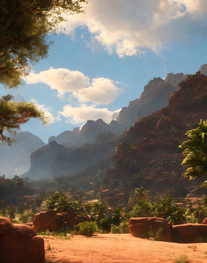 Desert landscape with red rock formations, greenery, and dusty trail