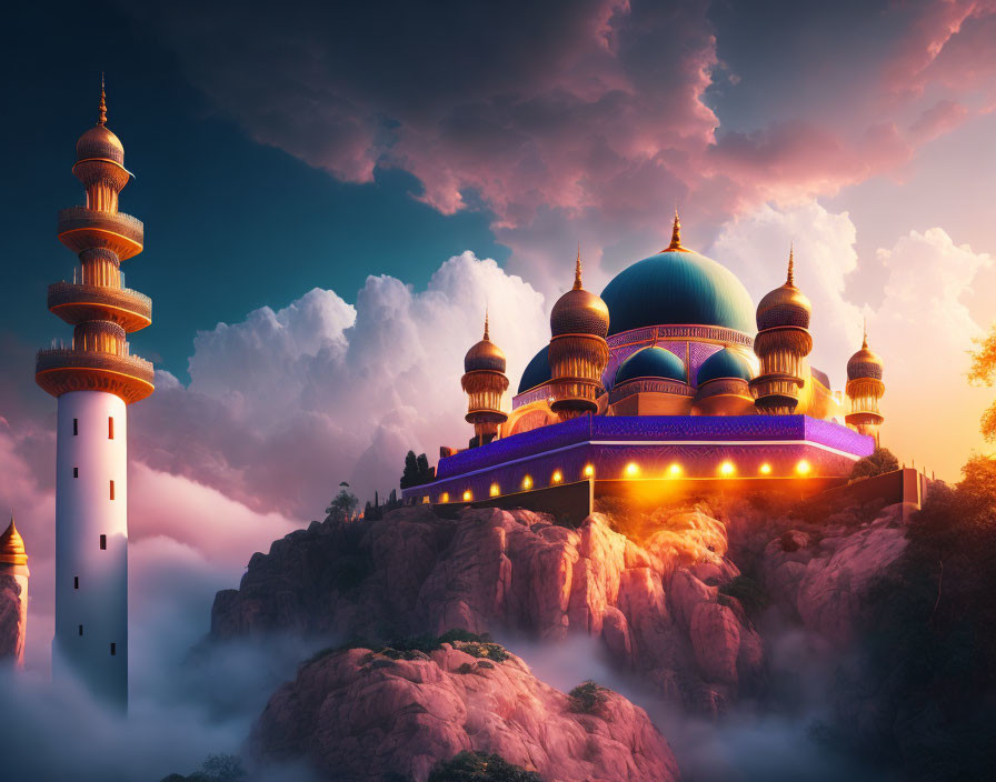 Colorful palace with domes on clouds at sunset with tower and bridge