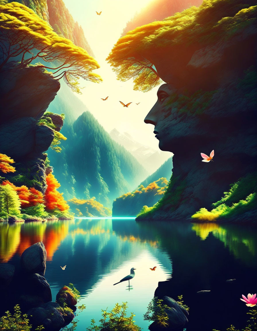 Surreal landscape with human profile mountain cliffs, tranquil lake, birds, vibrant foliage