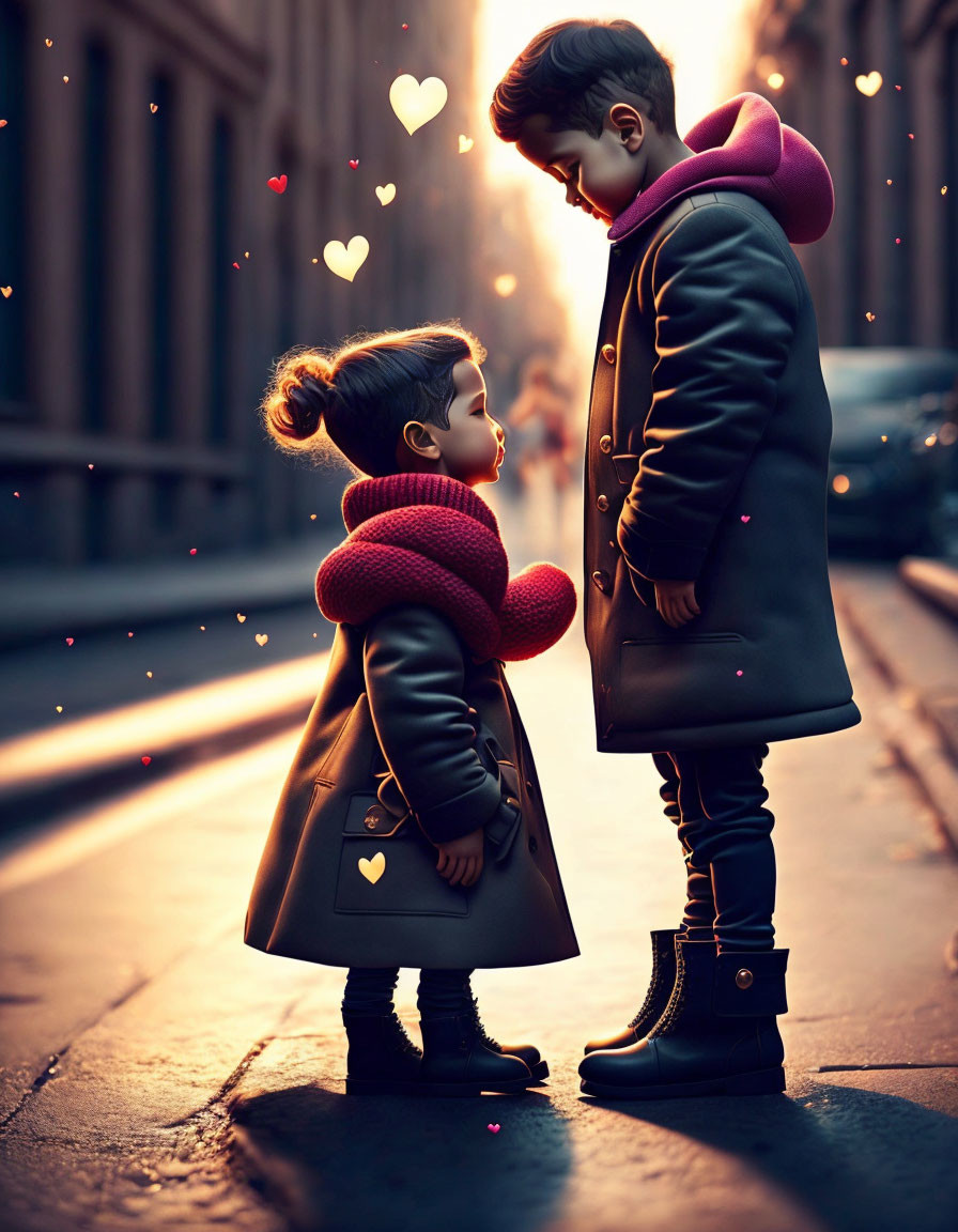 Children in winter coats with glowing hearts on city street