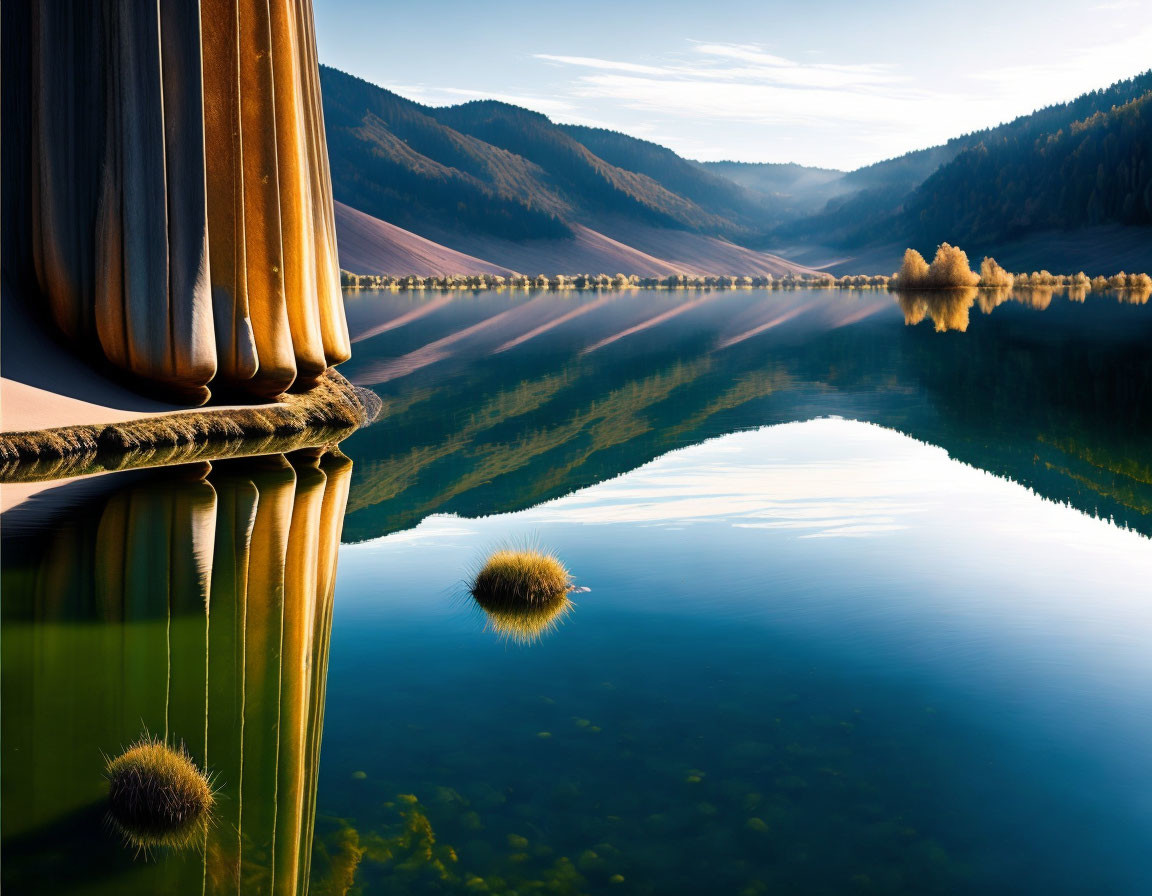 Tranquil lake with hills, sky, grass, and unique curved reflection