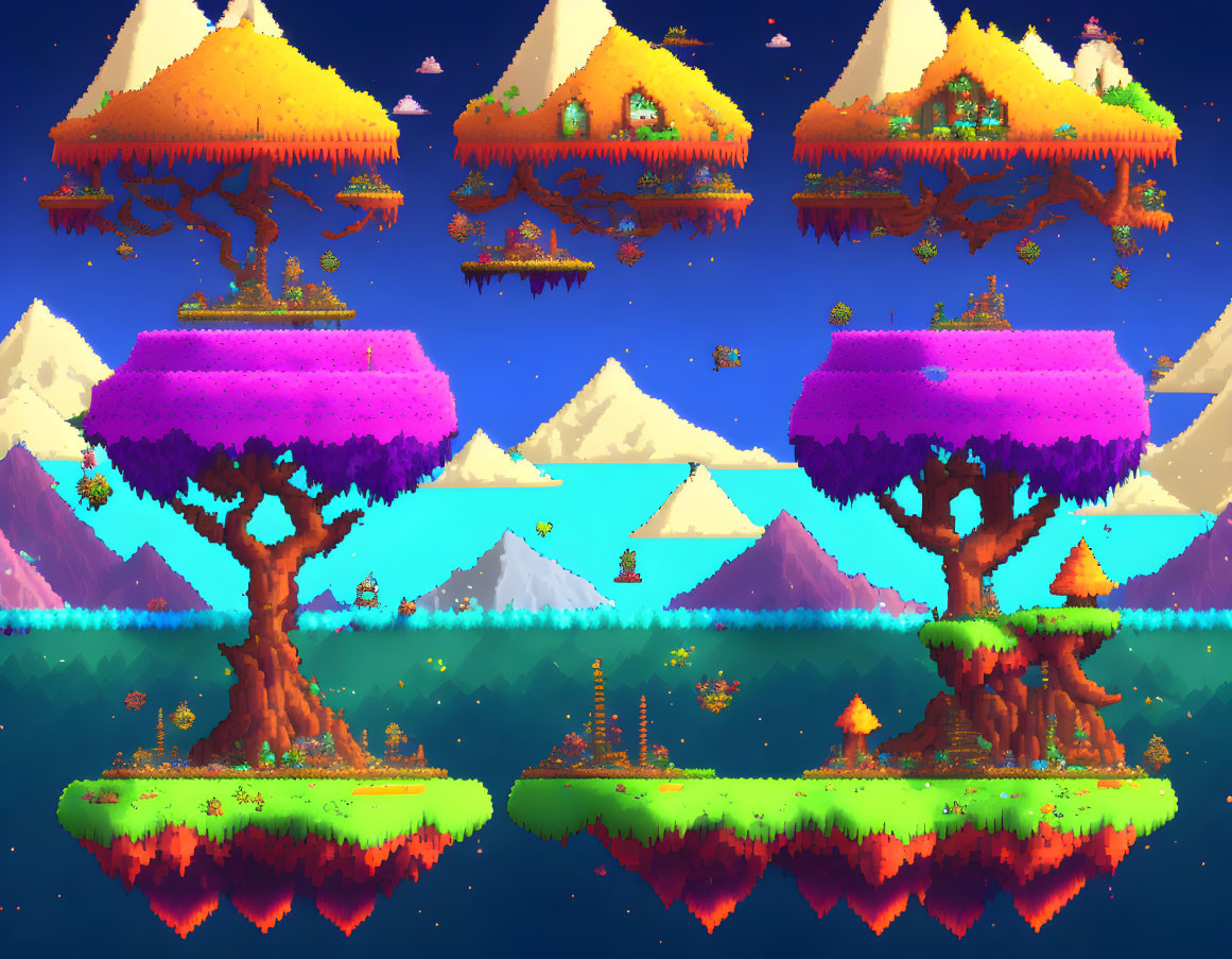 Colorful Pixel Art Landscape with Floating Islands and Snow-Covered Houses