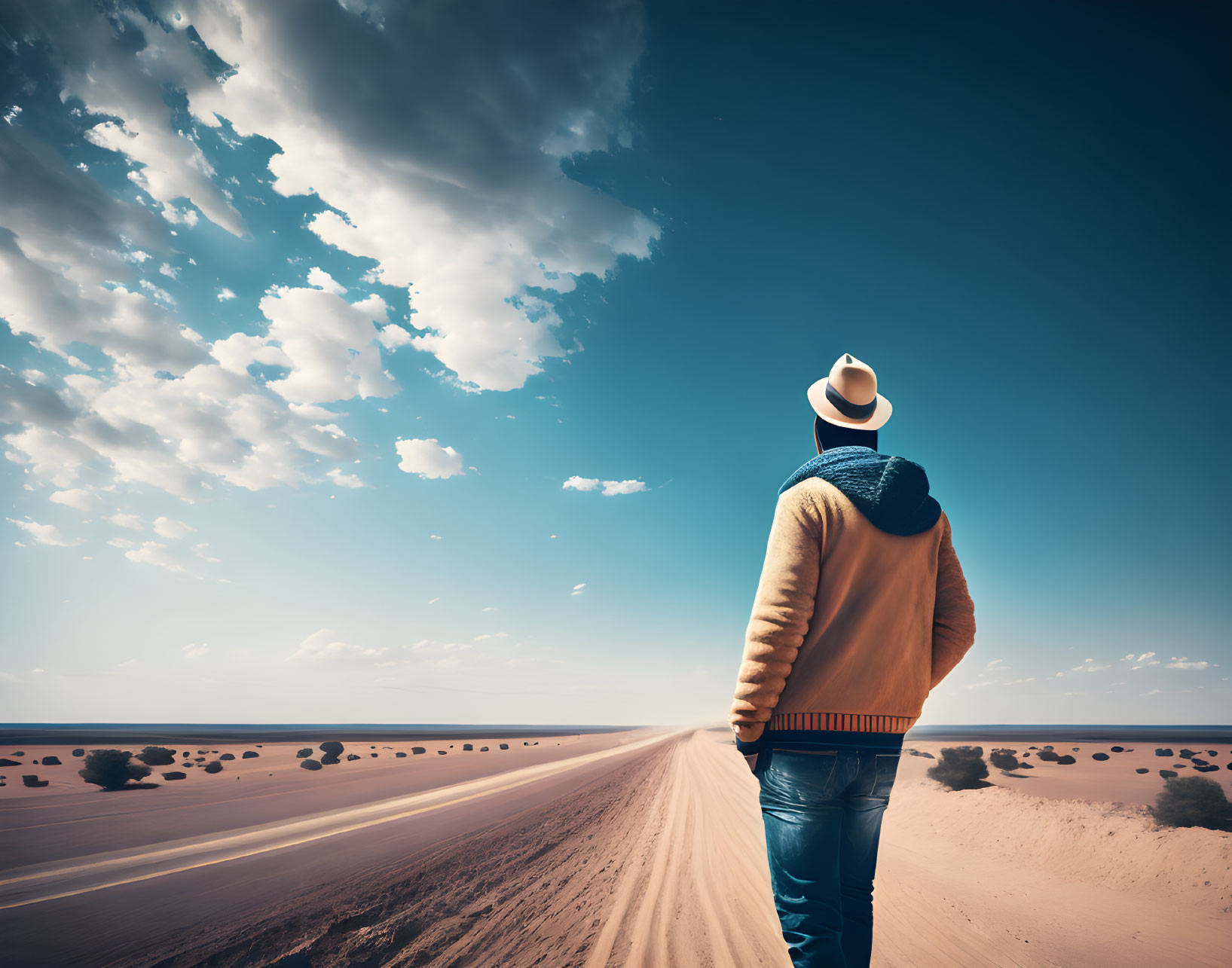 Person in hat and casual clothing on desert road under vast sky with scattered clouds