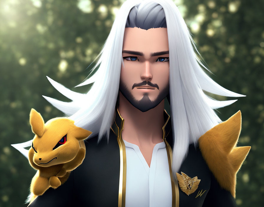 Illustration of man with white hair and beard with yellow fox-like creature