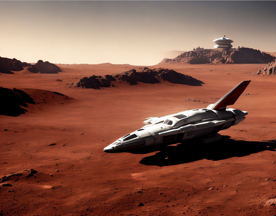 Spacecraft lands on rocky Martian landscape with futuristic building in distance