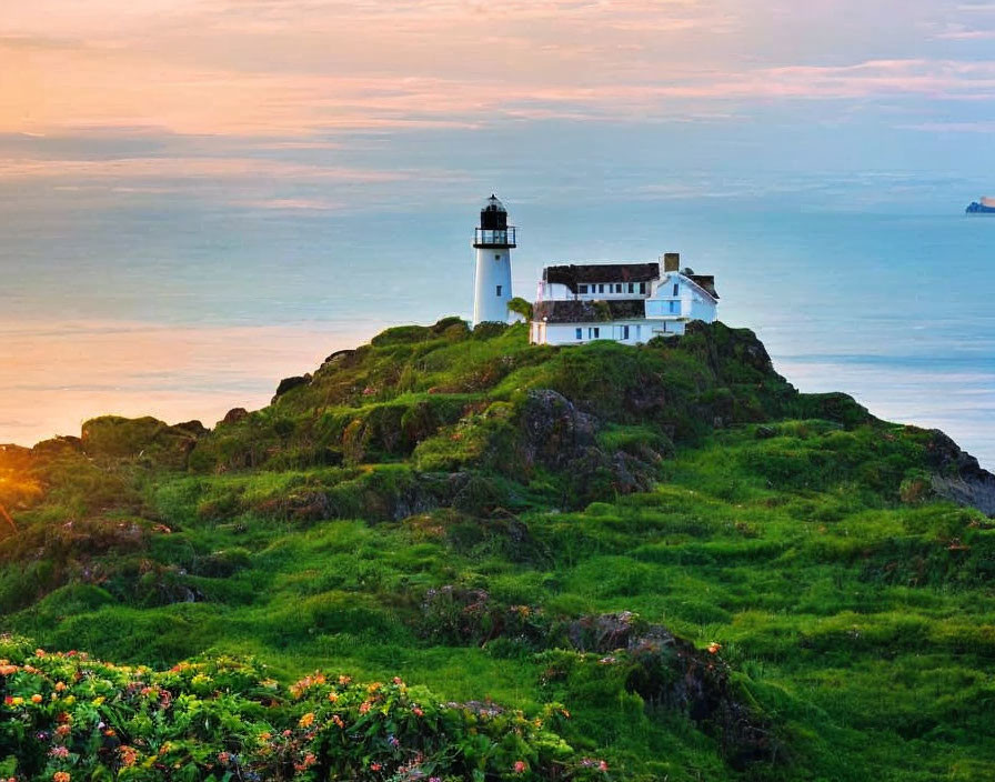 White lighthouse on rocky hill at sunset with calm sea