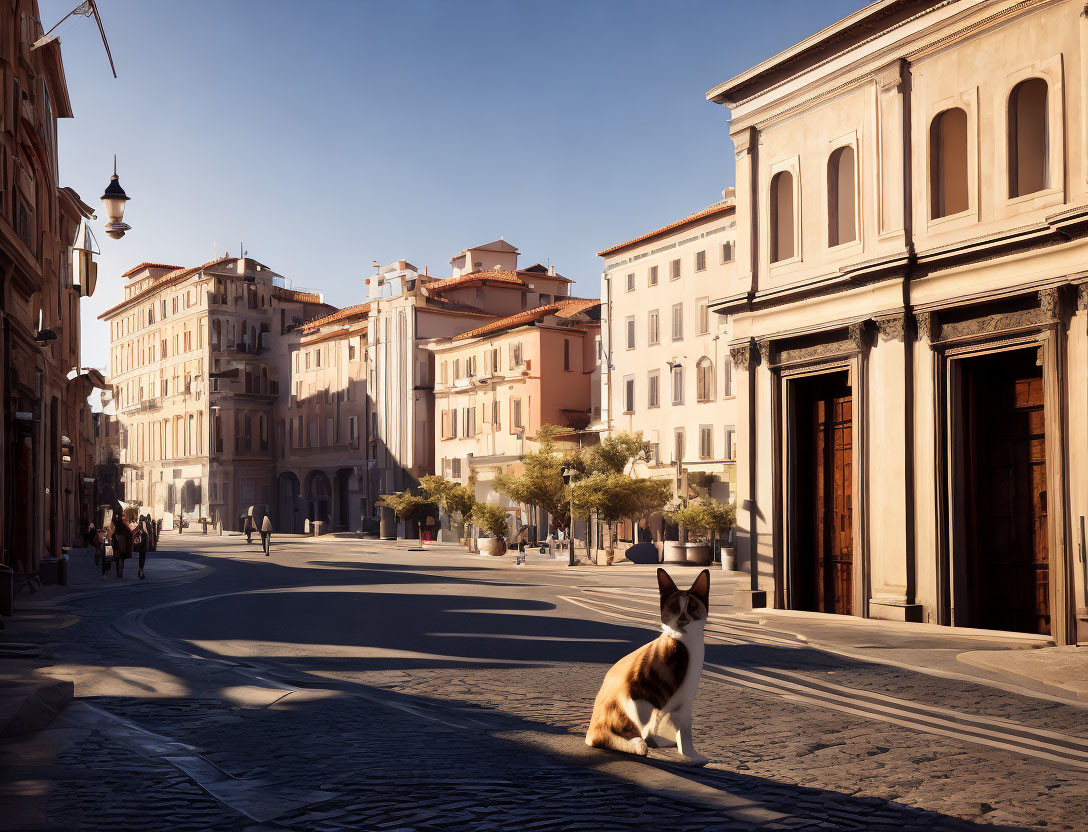 Cat on sunlit cobblestone street in old European town with elegant buildings and strolling people