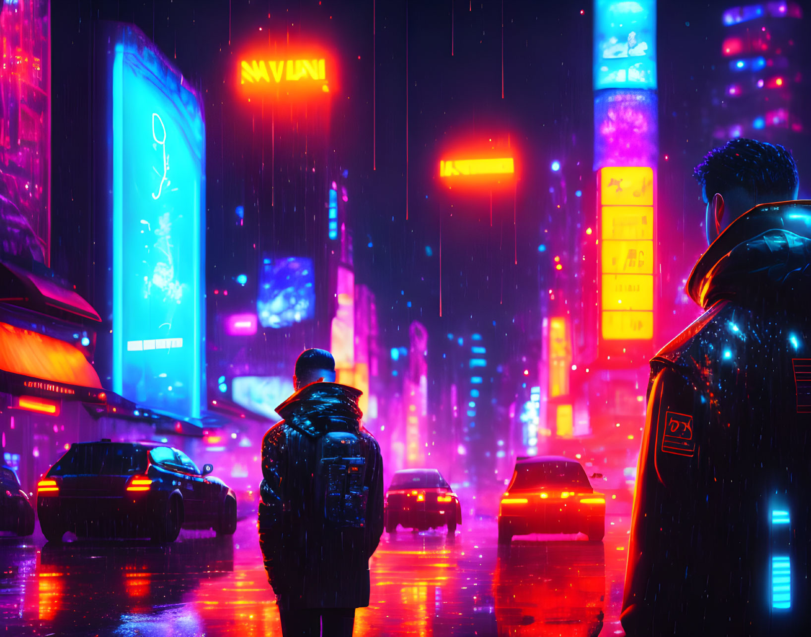 Futuristic neon-lit cityscape with rain and flying cars