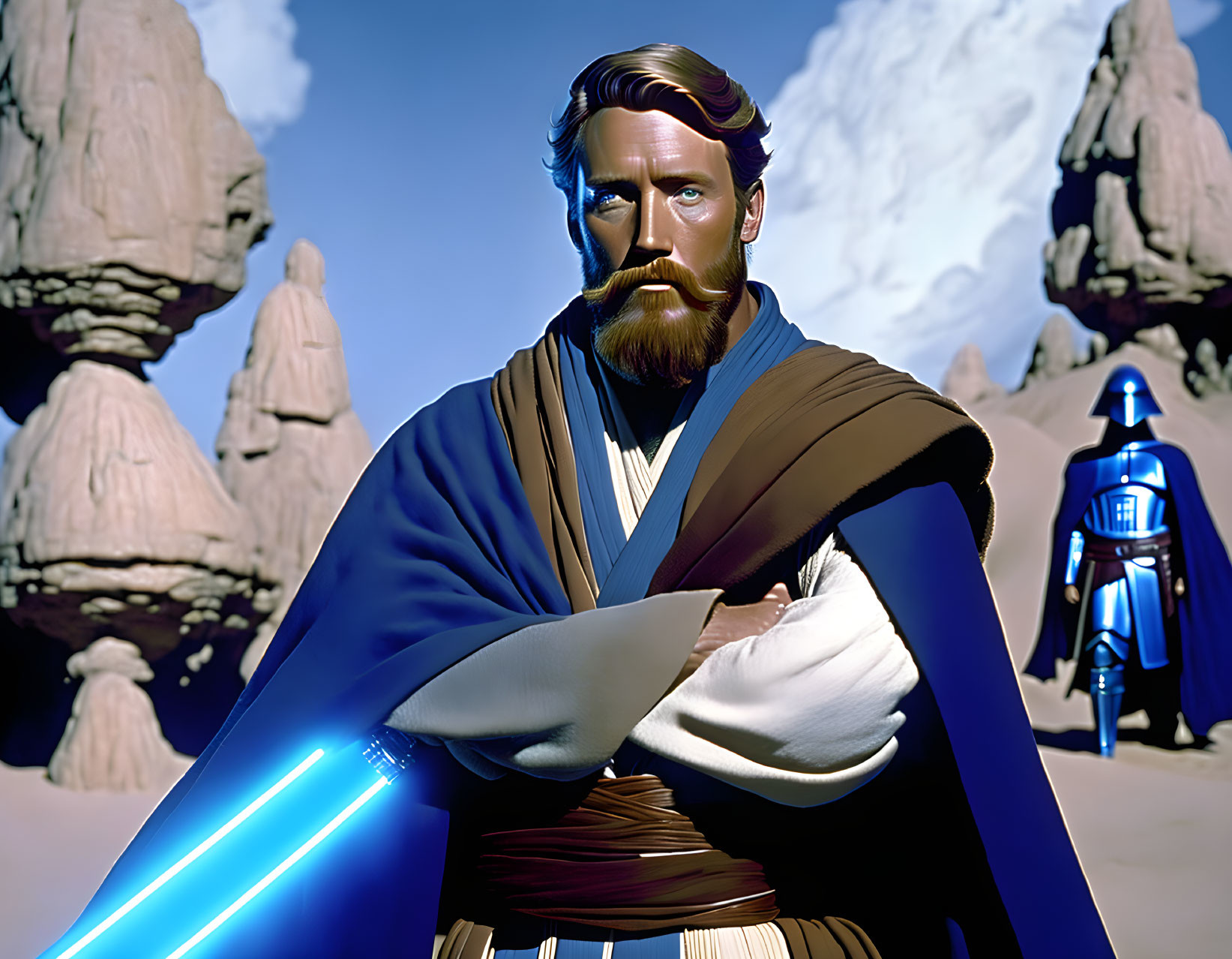 Stylized animated character with blue lightsaber in desert landscape