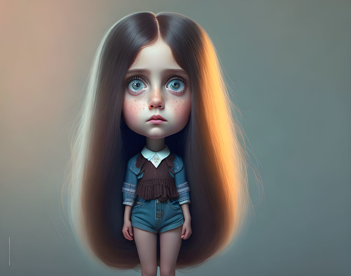 Stylized digital artwork of a girl with oversized eyes and long hair in denim shorts and a jacket