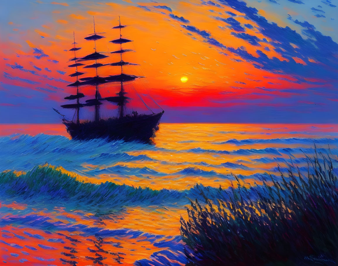 Sailing tall ship at sunset with vibrant orange and blue hues