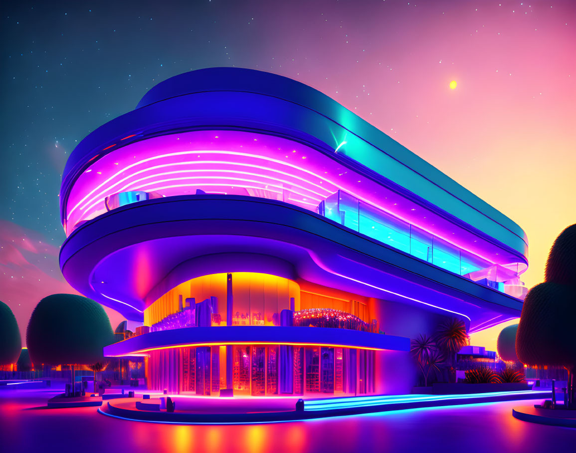 Futuristic building with neon lights in twilight sky