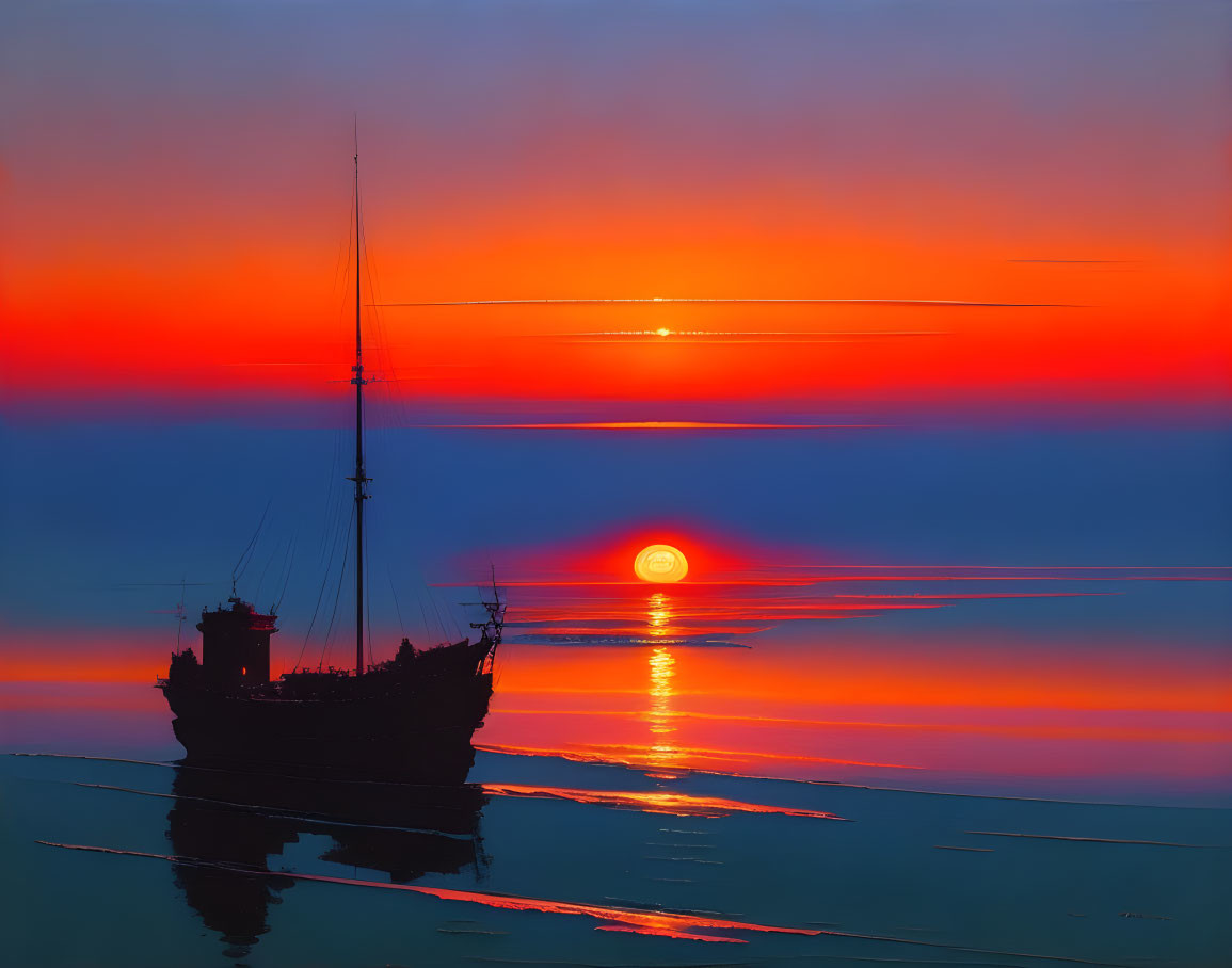 Vibrant sunset silhouette of ship on water with orange and blue hues