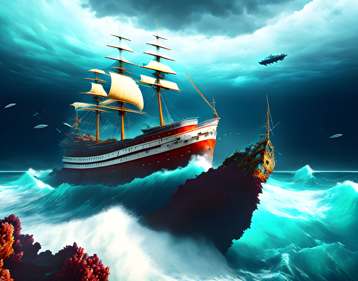 Imposing ship sailing through teal-blue waters with coral formations and sunken ship.