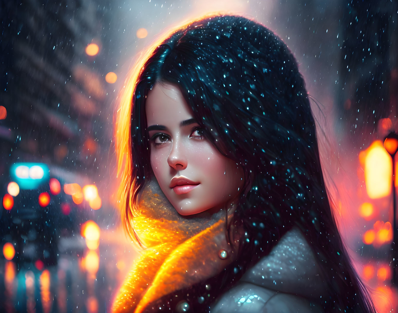 Digital artwork: Woman with dark hair and yellow scarf, snowy cityscape background