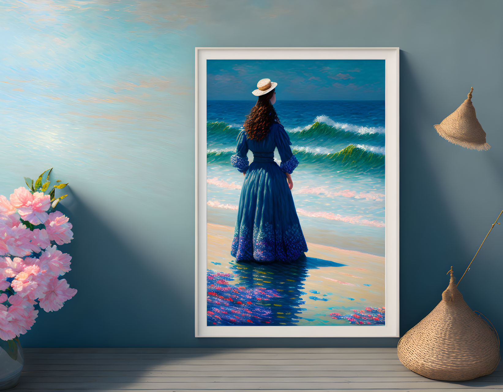 Framed painting of woman in blue dress by the sea with straw hat and pink flowers