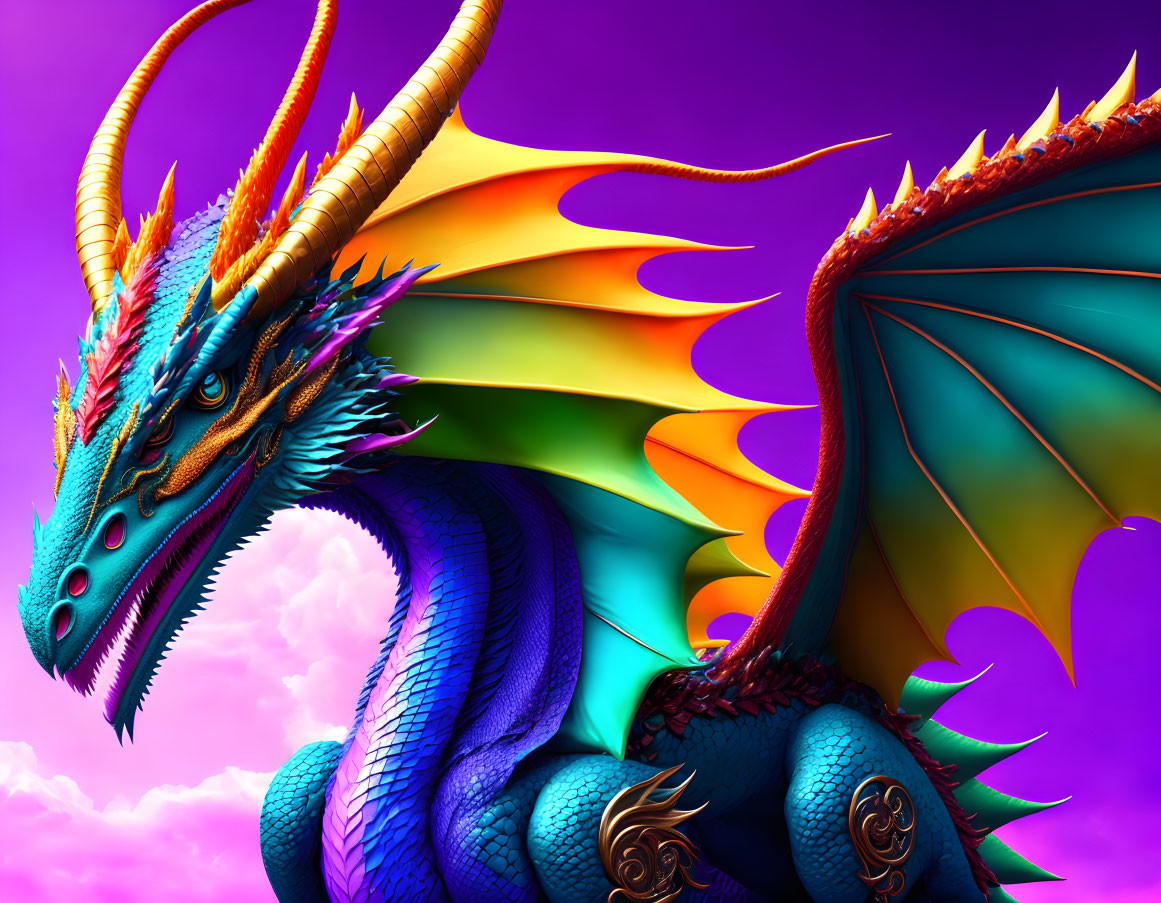 Colorful Dragon with Rainbow Wings on Purple Background