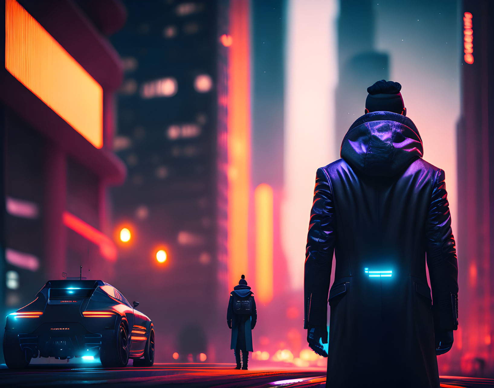 Futuristic figure in neon-lit cityscape with car and distant figure