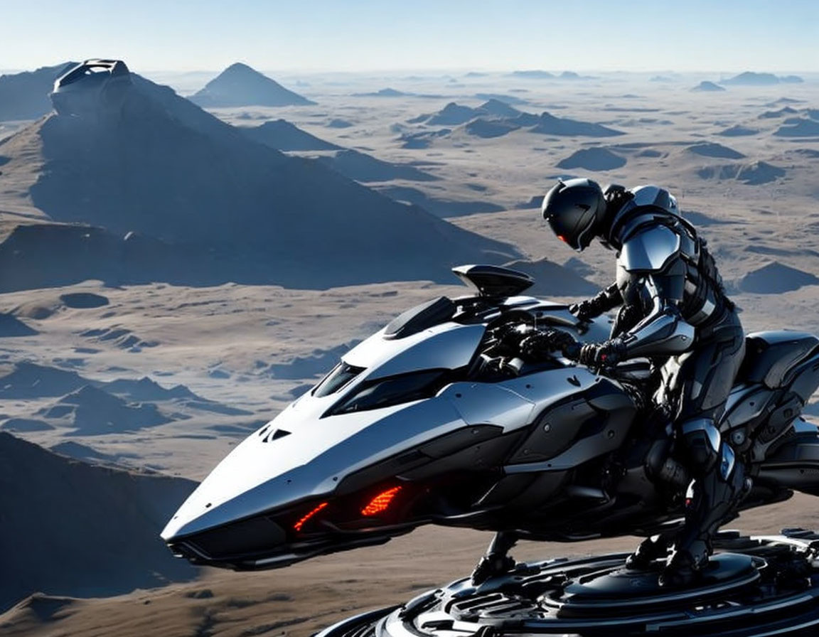 Futuristic motorcycle and rider in advanced suit on desert landscape