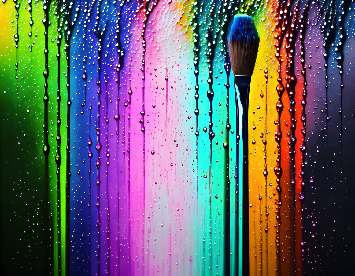 Makeup brush creates colored droplets on rainy window