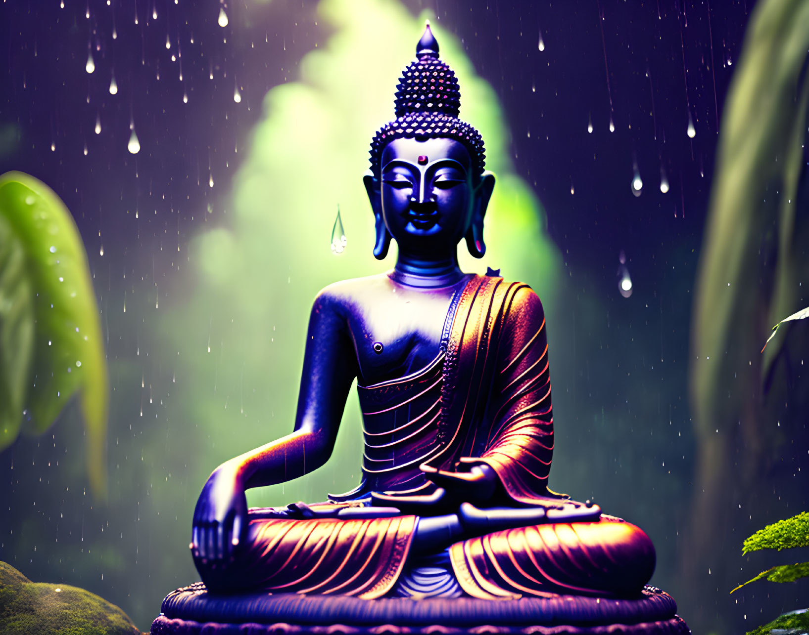 Serene Buddha statue in meditation pose with purple and blue hues in peaceful rain-soaked green foliage.