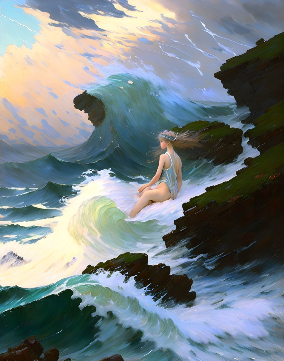 Woman sitting on coastal rocks with stormy sky and crashing waves