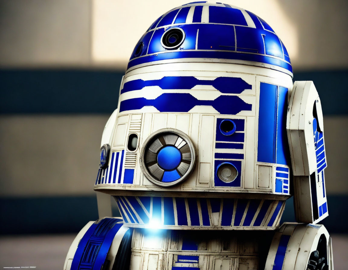 Detailed close-up of iconic blue and white astromech droid from Star Wars