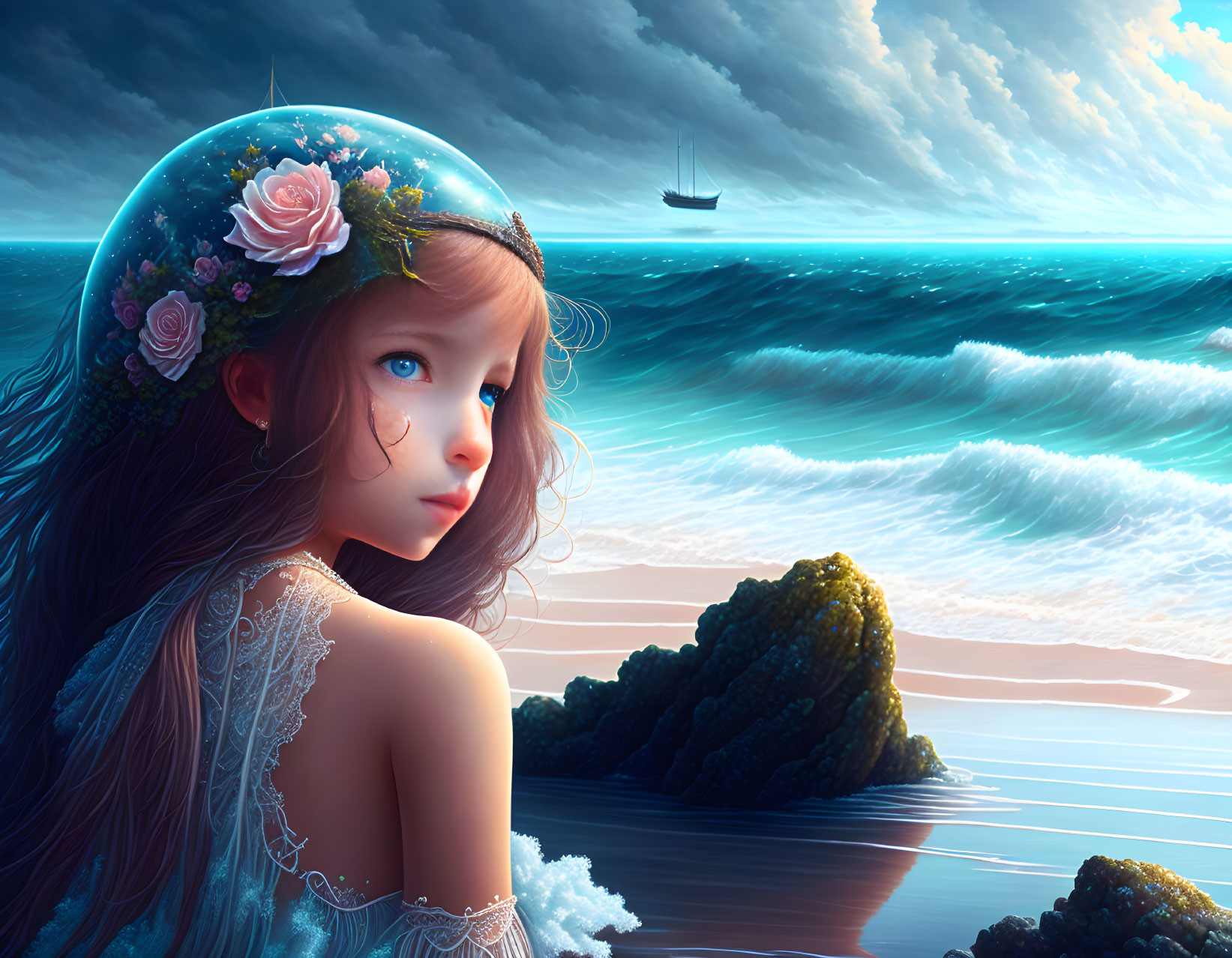 Digital artwork: Young girl with floral headband by sea with sailboat under dramatic sky