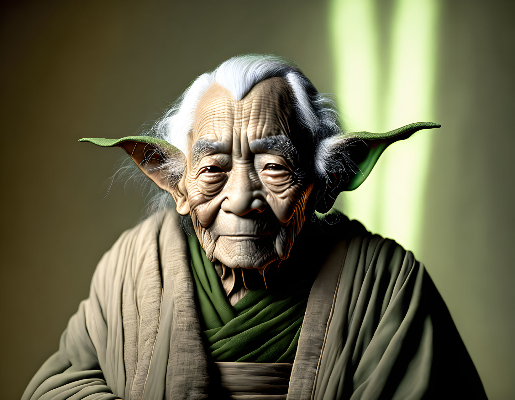 Digital artwork blending elderly face with Yoda features: green ears & robe, blurred background