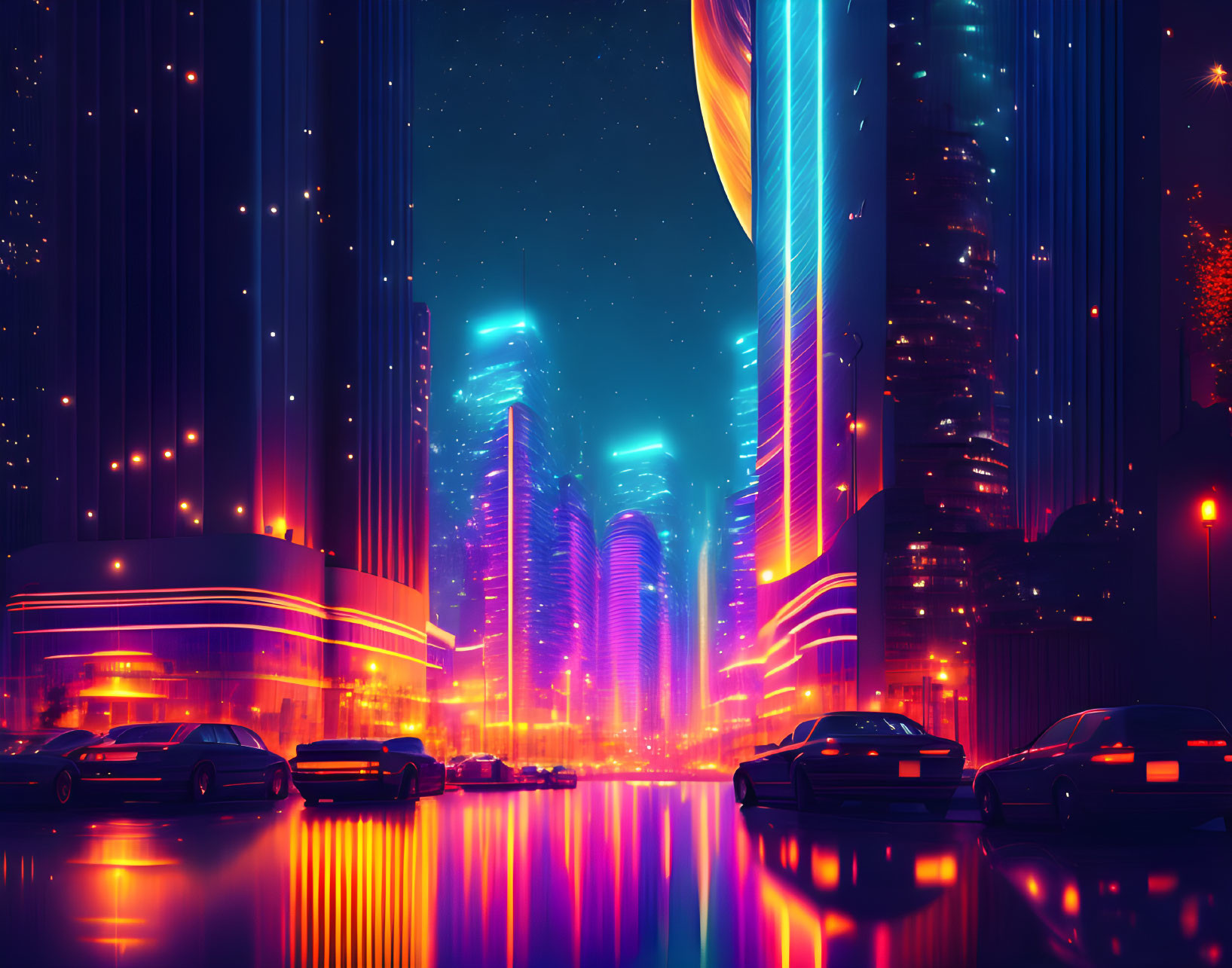 Futuristic neon-lit cityscape with skyscrapers and parked cars