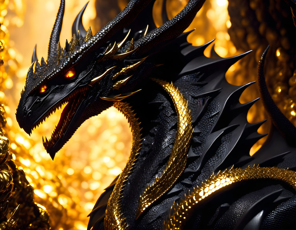 Black Dragon with Red Eyes and Gold Accents on Golden Background