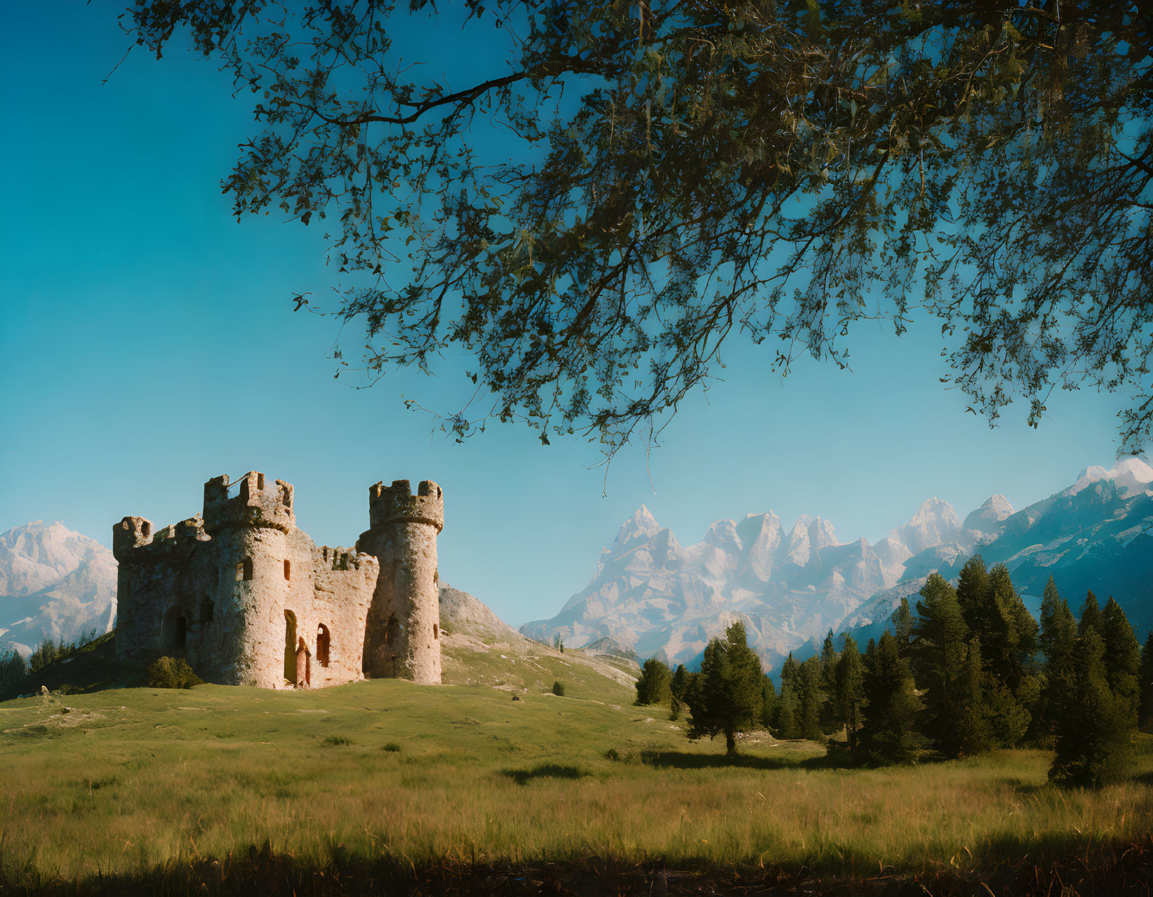 Ancient stone castle ruins with two towers on grassy hill, framed by trees, mountains, blue