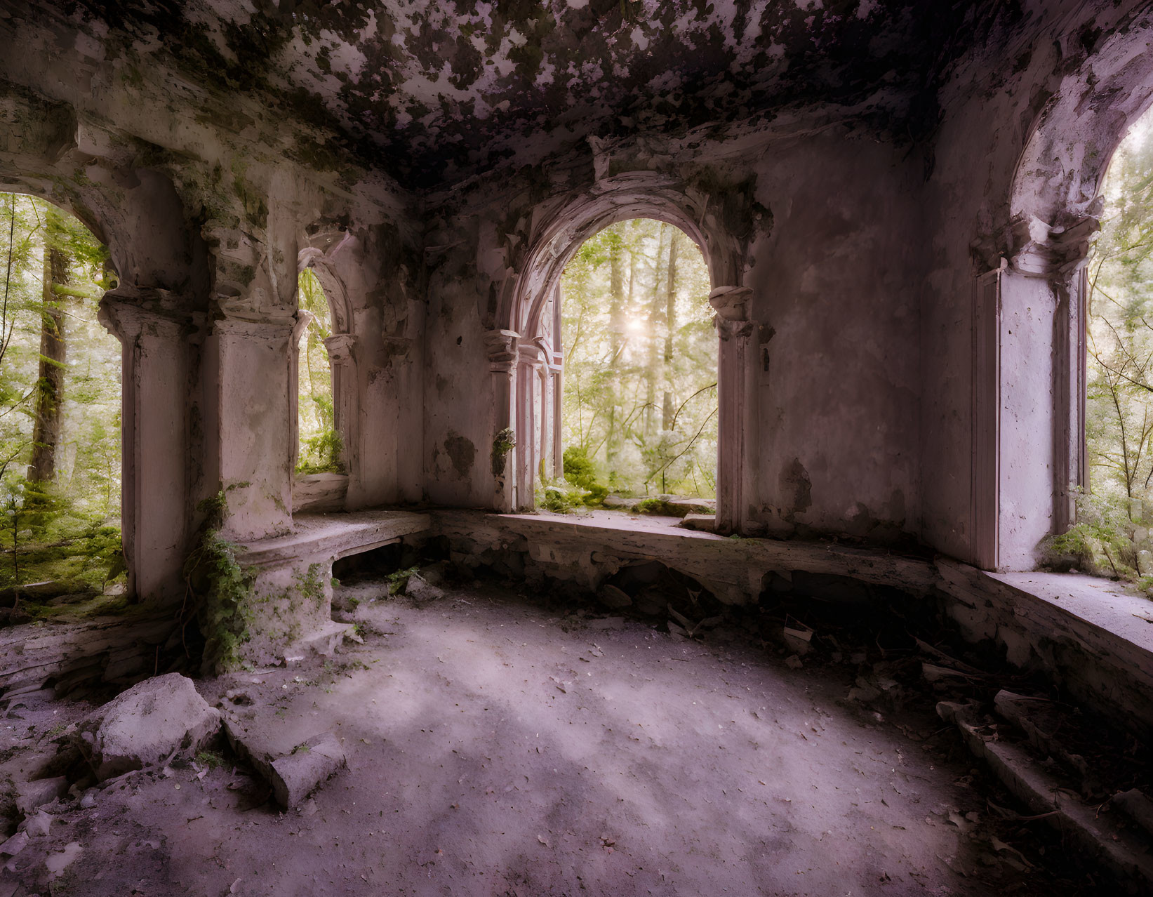 Desolate chapel with Gothic arches, forest view, and eerie ambiance.