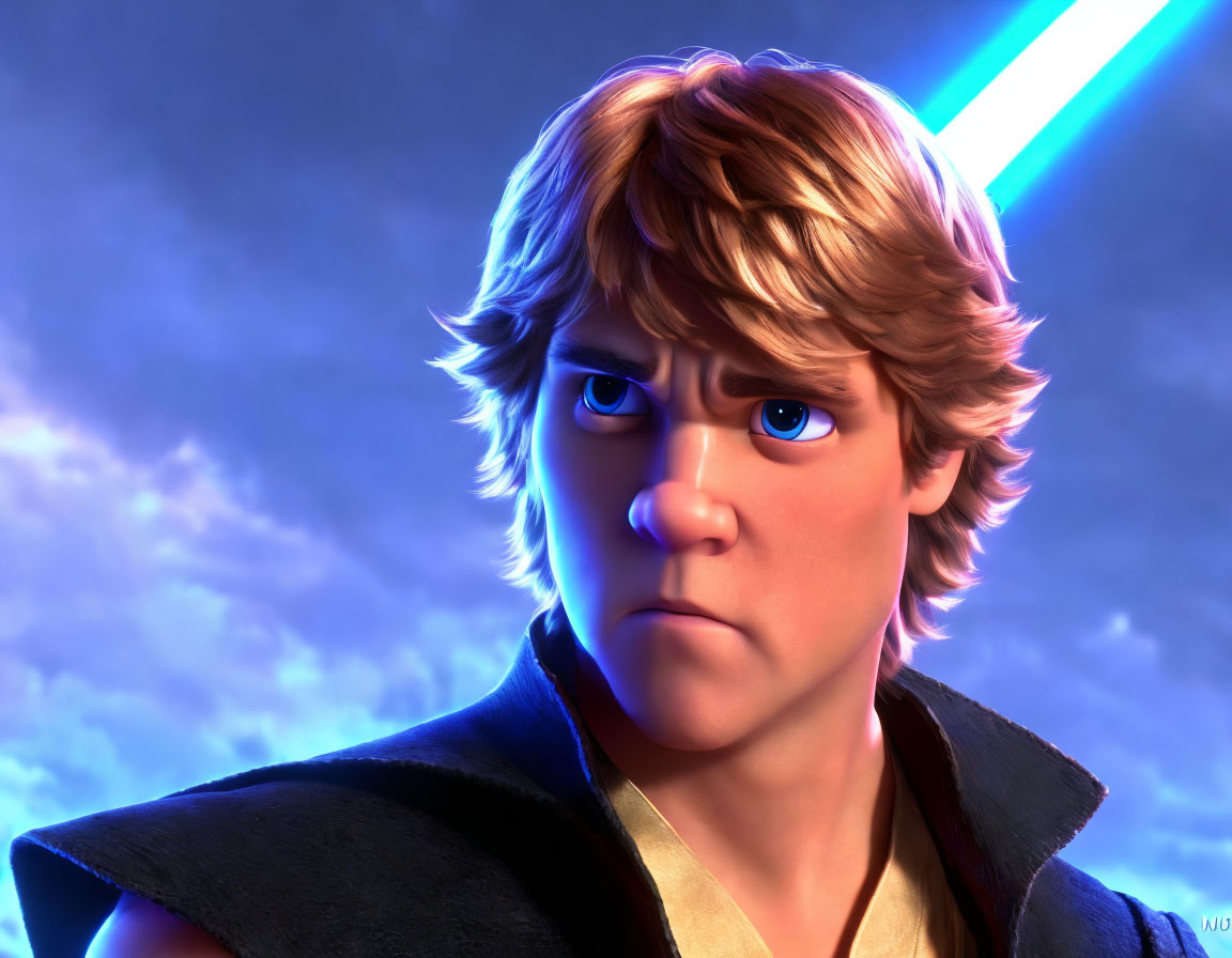 Young male with fair hair wields blue lightsaber on purplish background