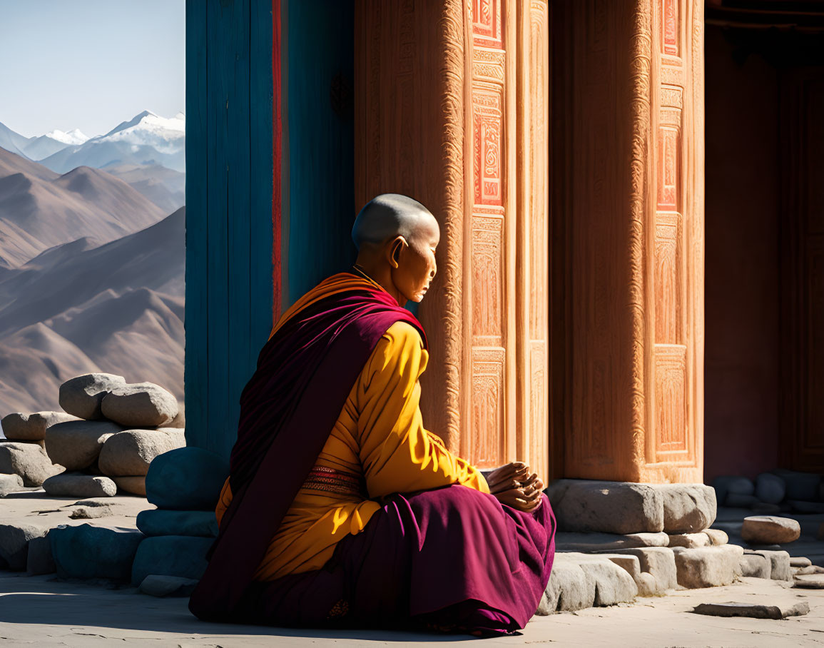 Buddhist monk meditates by temple doors and mountains