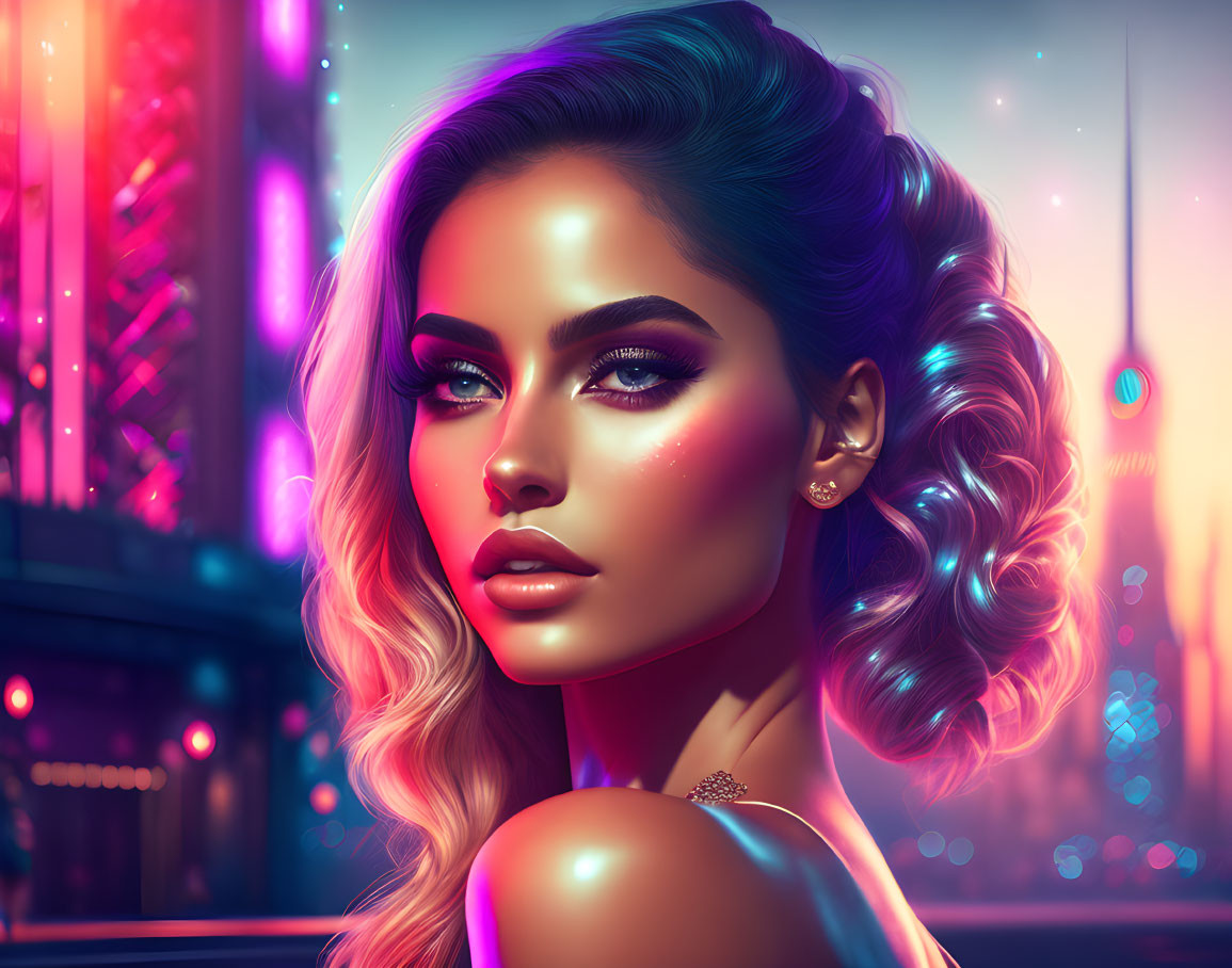 Digital portrait of a woman with glowing skin and vibrant makeup in neon-lit cityscape