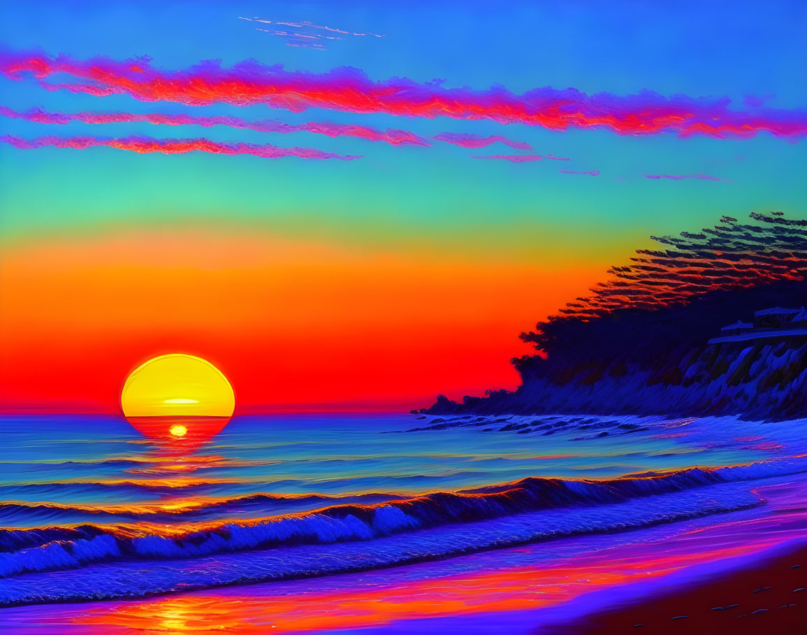 Colorful Enhanced Sunset Over Beach with Waves and Silhouetted Foliage