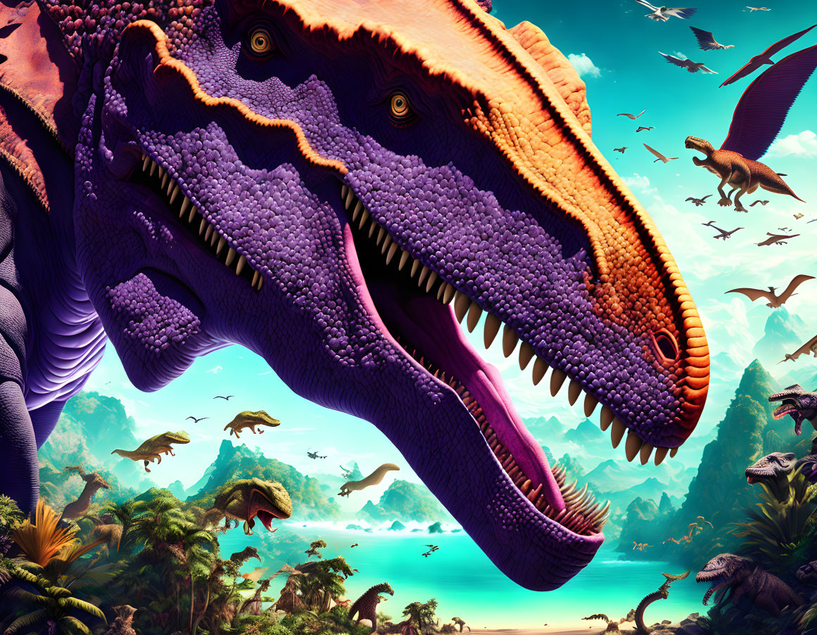 Colorful Close-Up of Purple Dinosaur Among Prehistoric Landscape