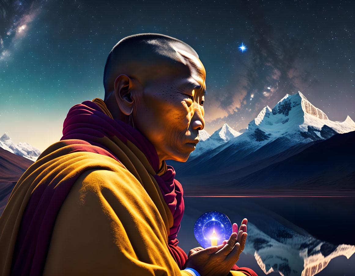 Monk in orange robes meditates with luminous orb under starry night skies.