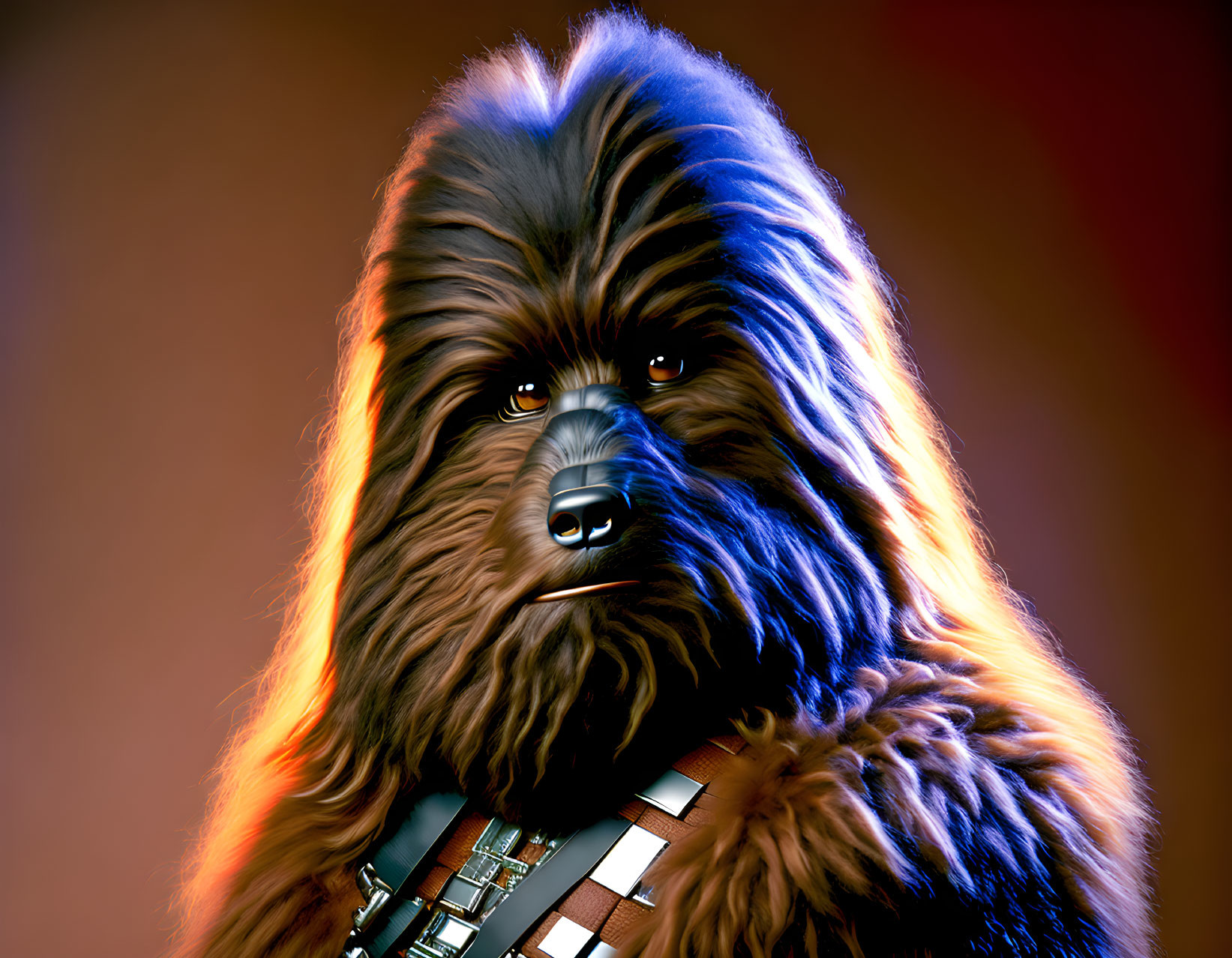 Detailed digital image of a thoughtful Wookiee with brown fur and bandolier