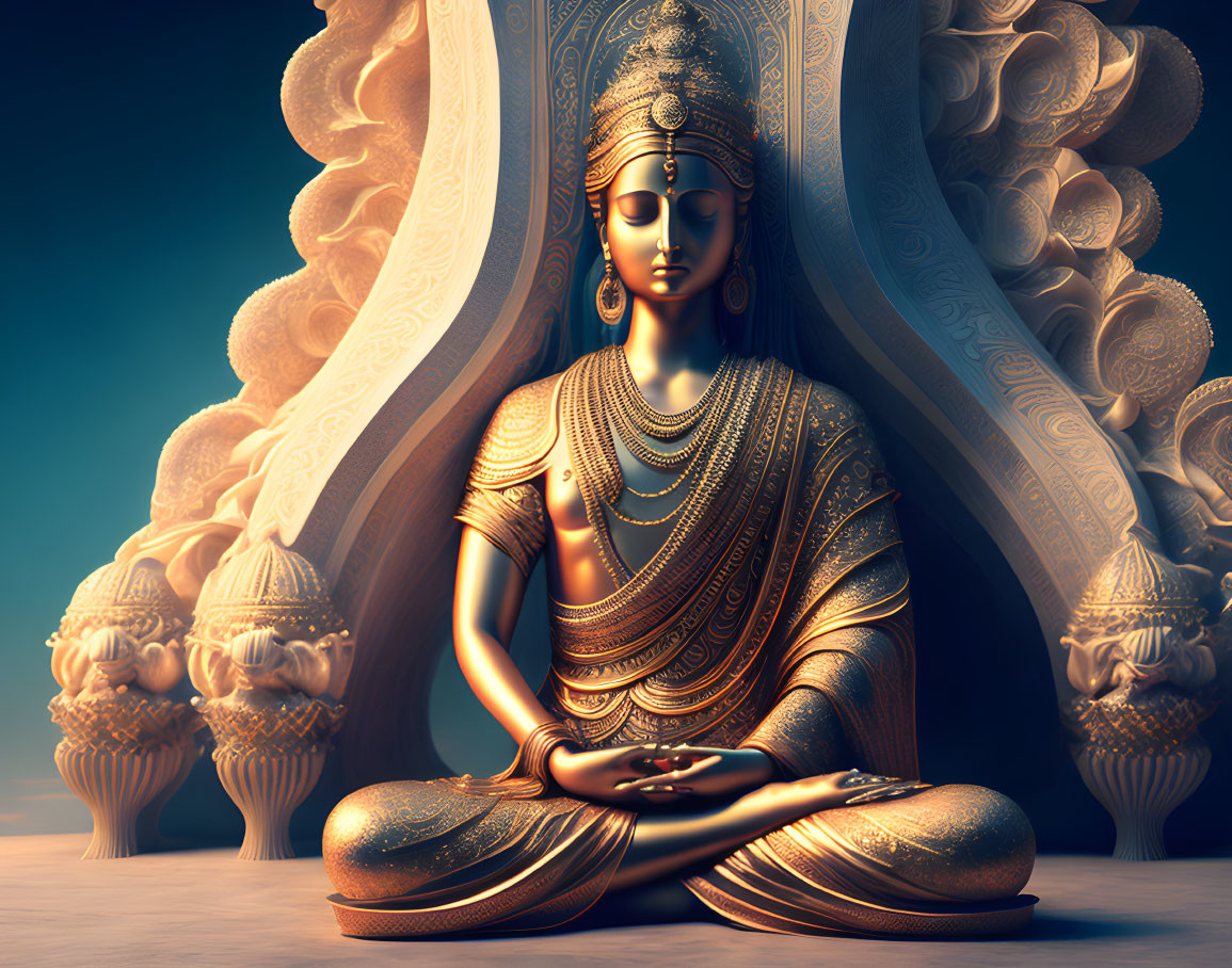 Golden figure meditating in ornate jewelry against embellished backdrop