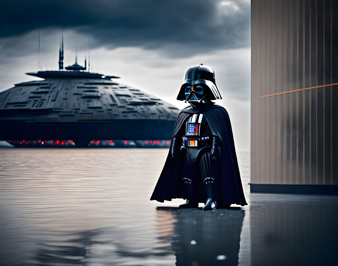 Iconic villain in front of Star Destroyer with reflective surface and dramatic sky