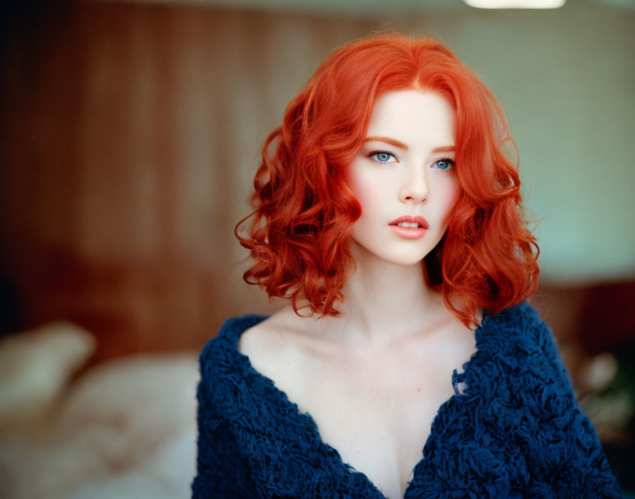 Vibrant red-haired woman in blue knit against soft background