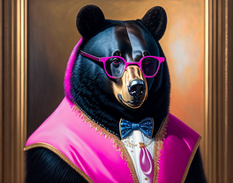 Bear portrait with human-like stylization, pink glasses, bow tie, and vibrant cape.