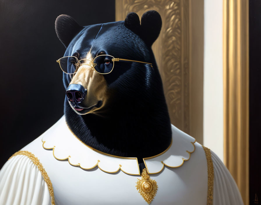 Surreal portrait of bear with human-like features in gold glasses and white shirt