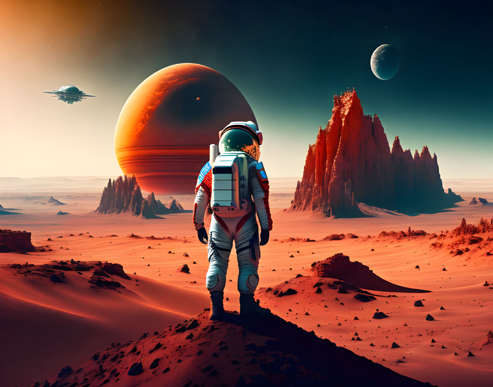 Astronaut on Martian landscape with rock formations, planet, moon, and spaceship